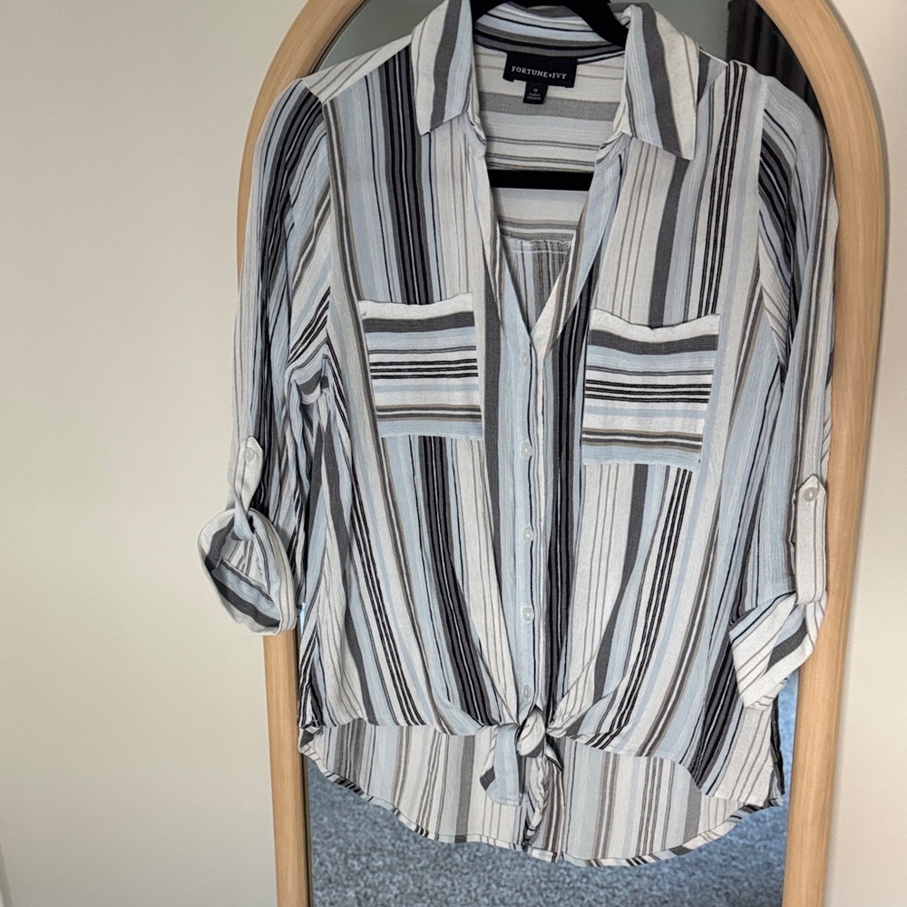 Fortune & Ivy Light Blue Striped Tie-Front Button Down Shirt